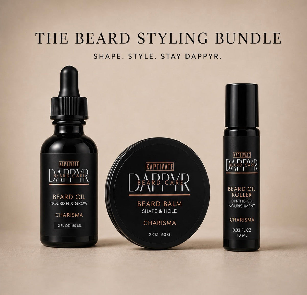 DAPPYR Beard Styling Bundle with oil, balm, and oil roller