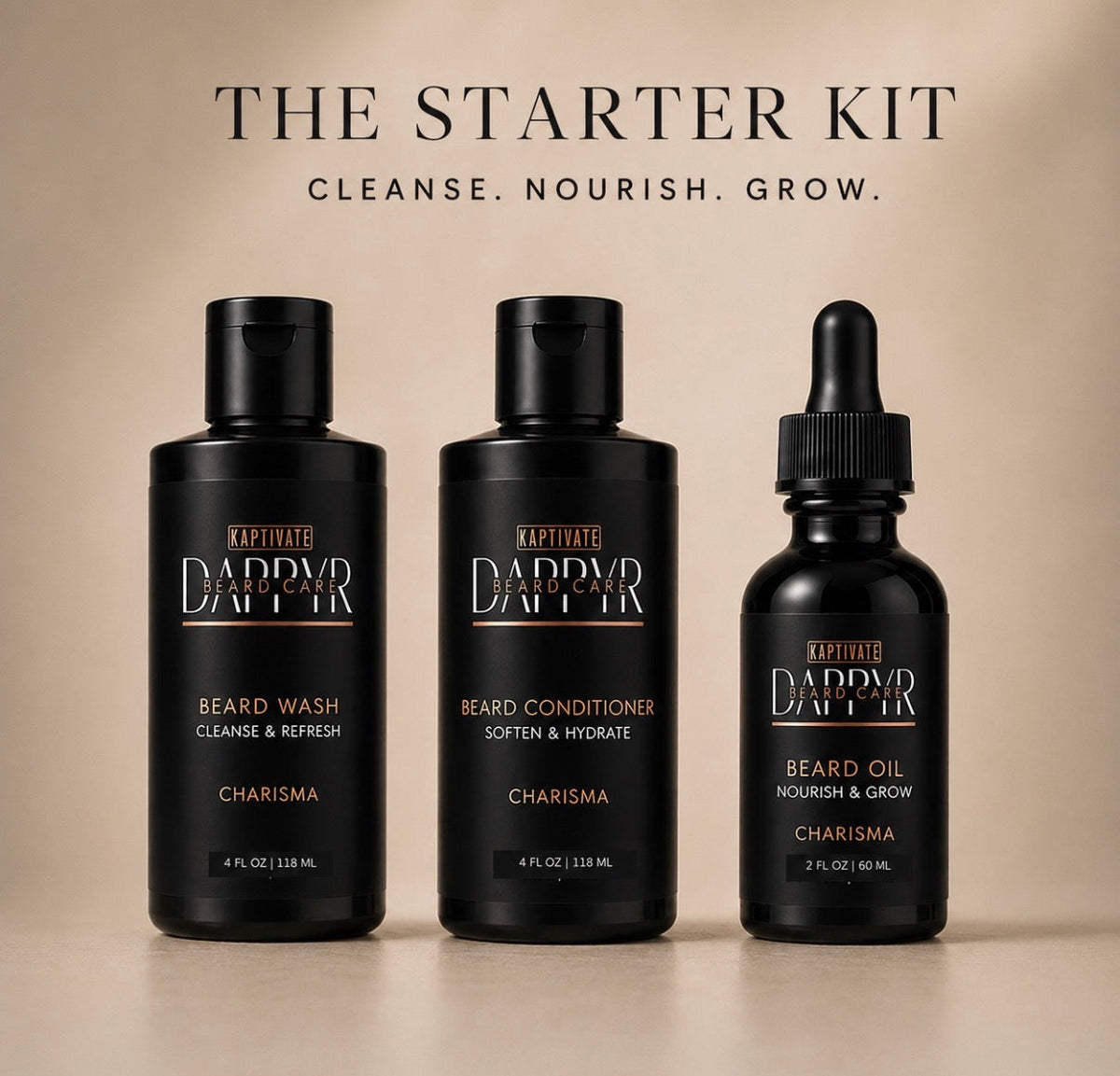DAPPYR Starter Kit with beard wash, conditioner, and beard oil